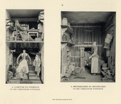 220371 Afbeeldingen van het comptoir (kantoortje) en de hal met het kindermeisje in Waterlandse klederdracht (links) en ...